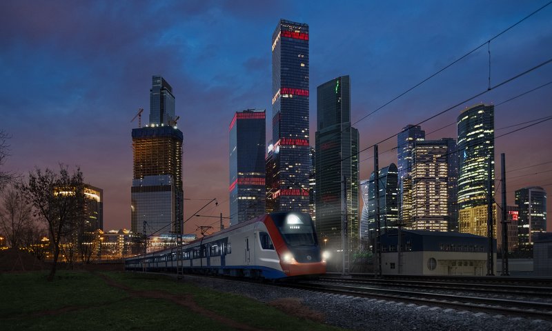 поезд, электричка, МЦД, Москва, город, МоскваСити, ночь, Иволга  ***photo preview
