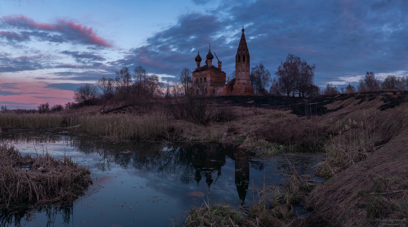 комстроская область, нерехта, нерехтский район, храмы, закат, отражение, панорамы, средняя полоса, весна \
