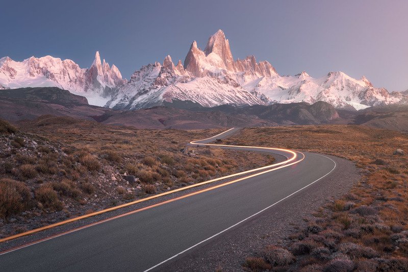 america, andes, argentina, autumn, beautiful, blue, canyon, cerro, chalten, el, fitz, fitzroy, glaciares, glacier, gorge, granite, hiking, iconic, landmark, landscape, monte, morning, mount, mountain, national, nature, outdoor, panorama, park, patagonia,  The Long and Winding Roadphoto preview