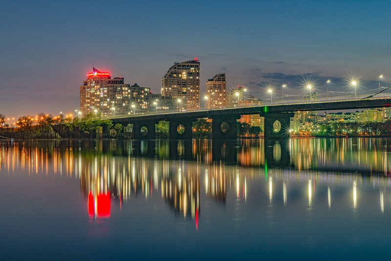 bridge, river, cityscape, night, reflection, sky, lights Вид на ЖК Парусphoto preview