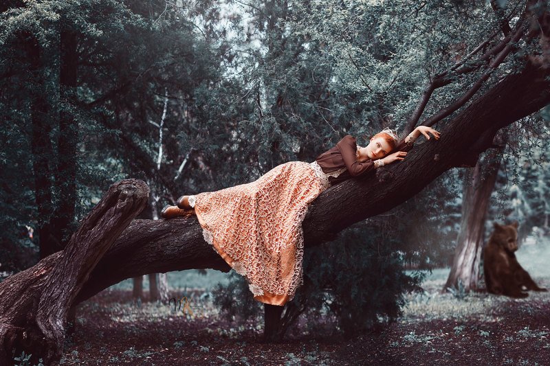 арт, лес, сад, девушка, рыжая, медвежонок, сказка, художественный ***photo preview