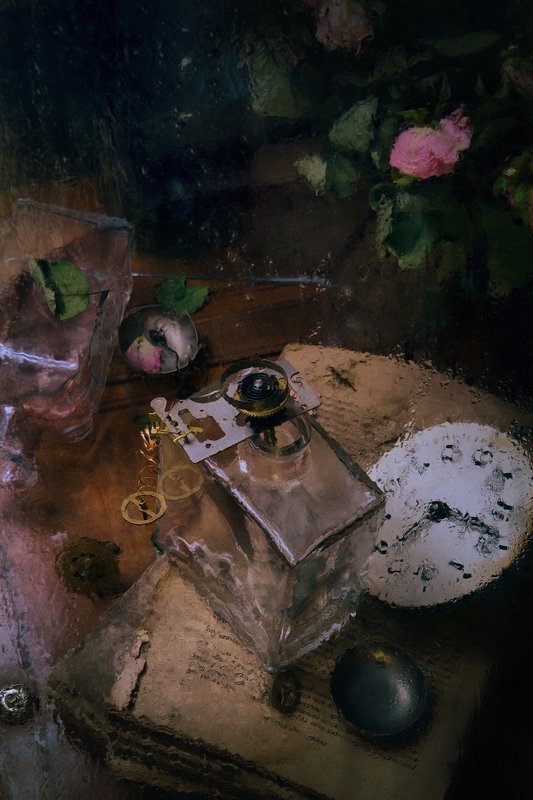 розы, бутылки, стекло, часы, книги, with rosesphoto preview