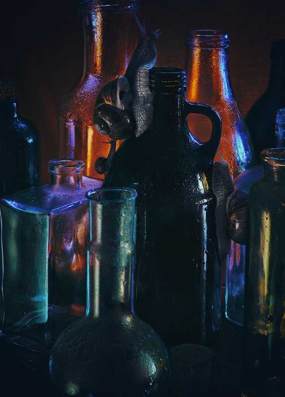 улитка, бутылки, стекло, натюрморт Гонкаphoto preview