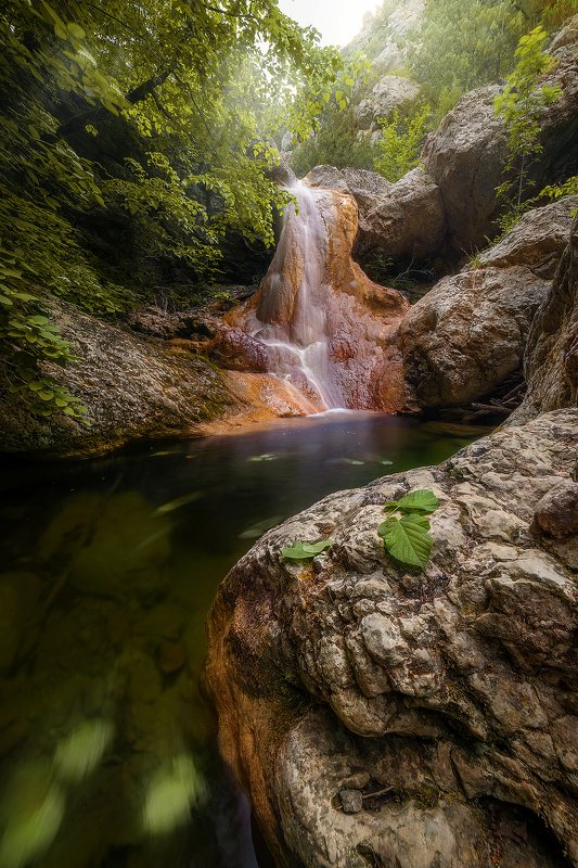 мелодия, водопад, река, горы, крым, весна, лето, листья \