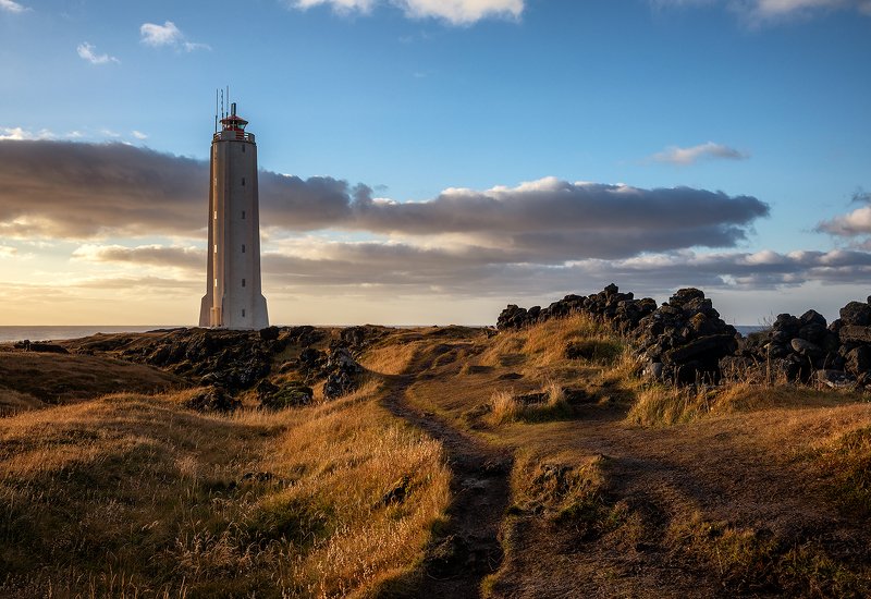 iceland, lighthouse, malarrif, sunrise, goldenhour, spring, clouds, architecture Malarrif Lighthousephoto preview