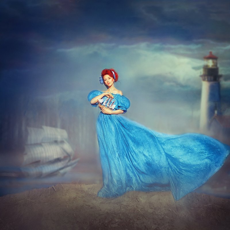 кораблик, маяк, небо, девушка, платье  Мечтыphoto preview