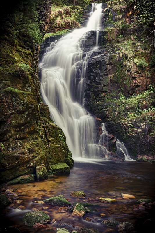 waterfall, river, water, rocks, mountains, forest, sun, Karkonoski waterfall - Kamieńczykphoto preview