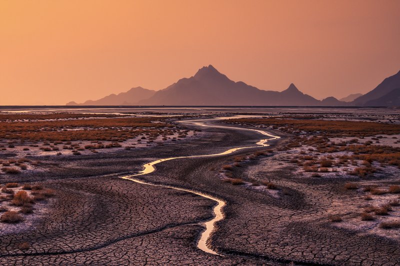 Sunset Water Flow Yellow Sky Mountain Mud Landscape Drought  Sunset on the Unyeom Islandphoto preview