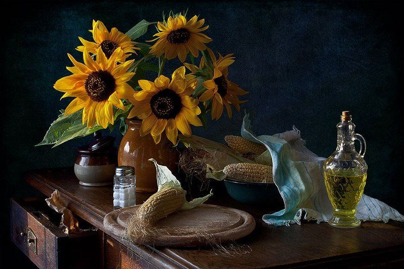 подсолнухи, кукуруза, масло, соль, миска, осень, елена алимова Подсолнухи и кукурузаphoto preview