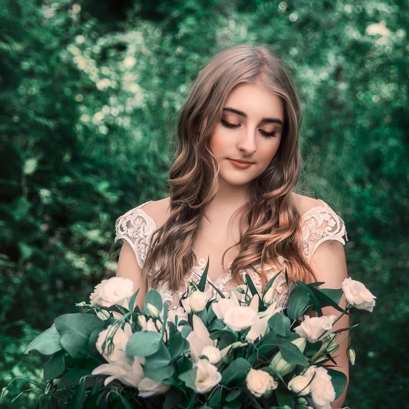 portrait, girl, flowers, green, nature, summer, wedding, dress, девушка, портрет, цветы, свадьба, платье, лето, зеленый photo preview