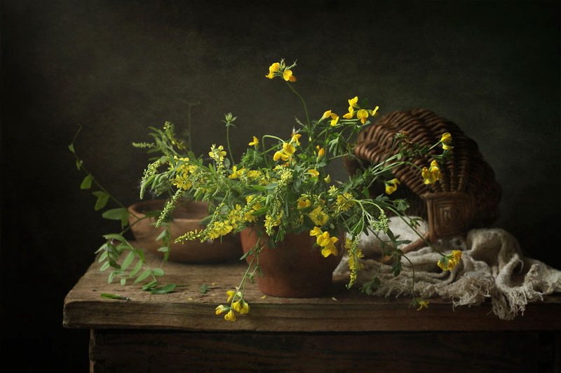 полевые цветы, корзинка, чашка, льненая ткань, плошка деревенские мотивыphoto preview