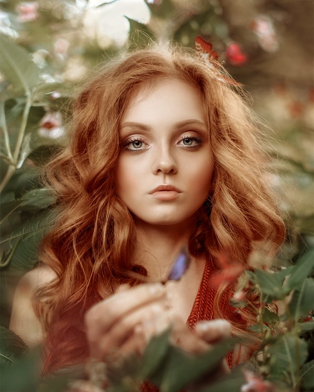 портрет, девушка, природа, бабочки, красный, рыжие волосы, portrait, girl, woman, red hair, red head, summer, butterfly, outdoor photo preview