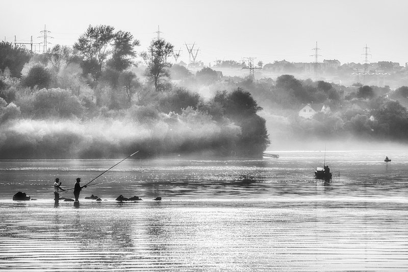 moment, момент, beautiful, красивый, canon 55-250,  black and white, чернобелая, monochrome, монохром, monoart, bw,  landscape, пейзаж, river, река, fishing, рыбалка, fog, туман,  summer, летний, evening, вечер, Вечерний клев.photo preview