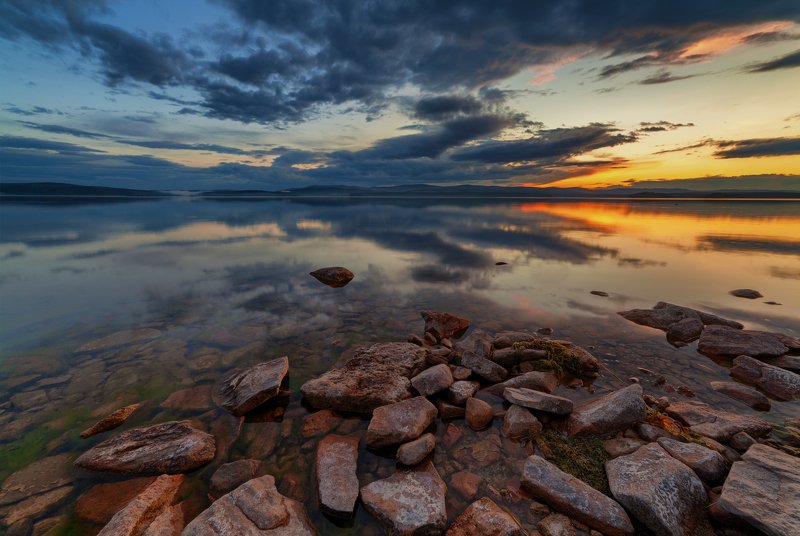 озеро, закат, вечер, горы, вода, камни, берег, южный урал, лето Вечер на Большом Кисегачеphoto preview