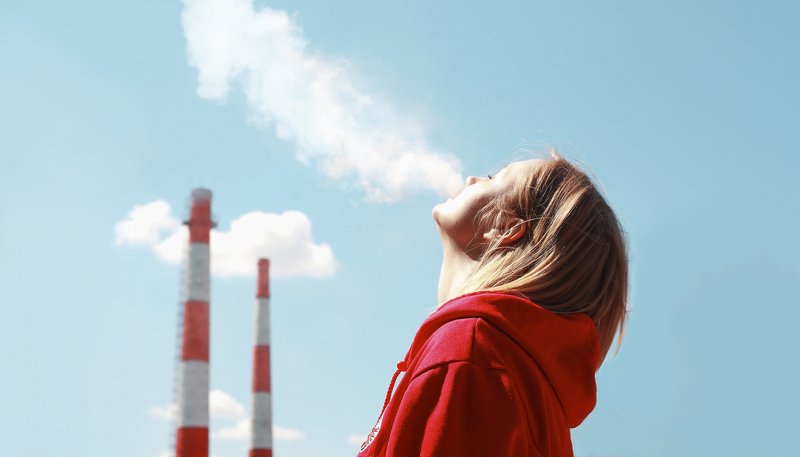 girl, portrait, blue sky, factory, smoke Radioctivephoto preview