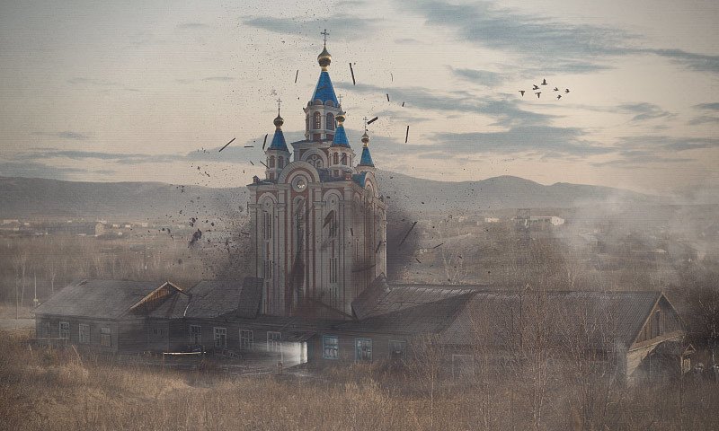 сюрреализм, арт, дом, закат, вода, небо, ретушь, коллаж, пейзаж, деревня, свет, окно, акула, стекло, храм, пустота, горы, птицы,  Забытыеphoto preview