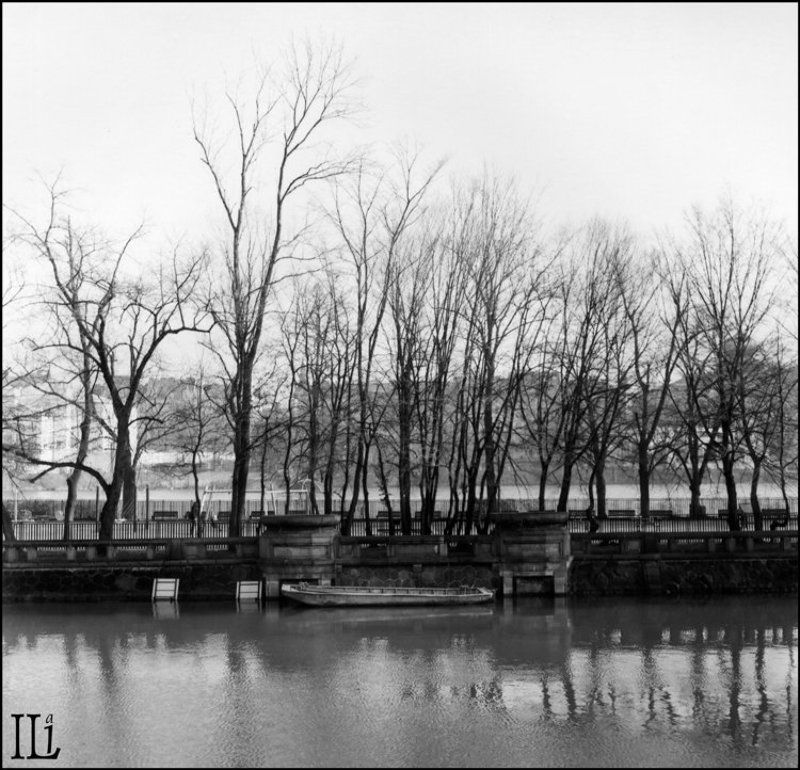 прага, канал, лодка Канал - ветки - лодкаphoto preview