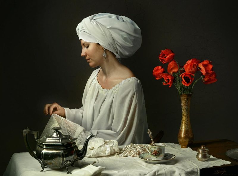 Тюрбан, вышивальщица, девушка, маки, чашка, чайник  \