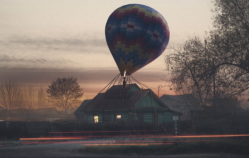 сюрреализм, арт, дом, закат, вода, небо, ретушь, коллаж, пейзаж, деревня, свет, окно, акула, стекло, шар, закат, рассвет, движение, дорога ШароДомphoto preview