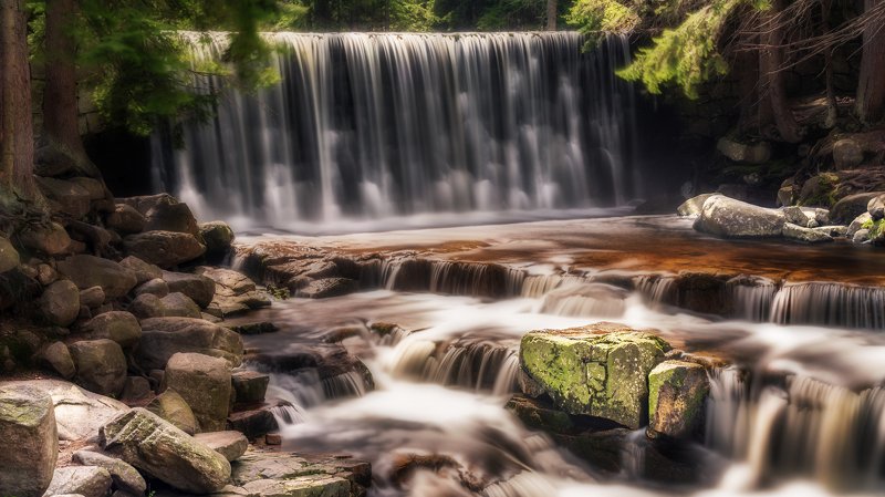 waterfall, river, mountains, cascades, light Wild waterfall beautifully illuminated by sunlightphoto preview