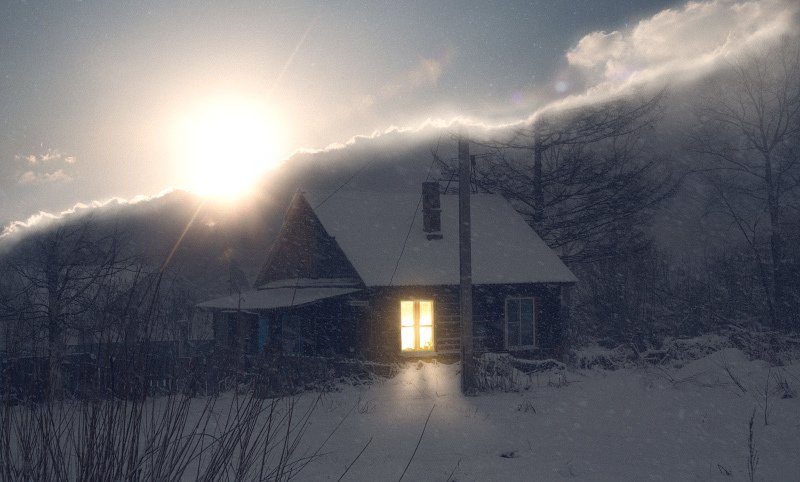 сюрреализм, арт, дом, закат, вода, небо, ретушь, коллаж, пейзаж, деревня, свет, окно, акула, стекло, закат, солнце, рассвет, одиночество, лес, ночь, день Закатный домphoto preview