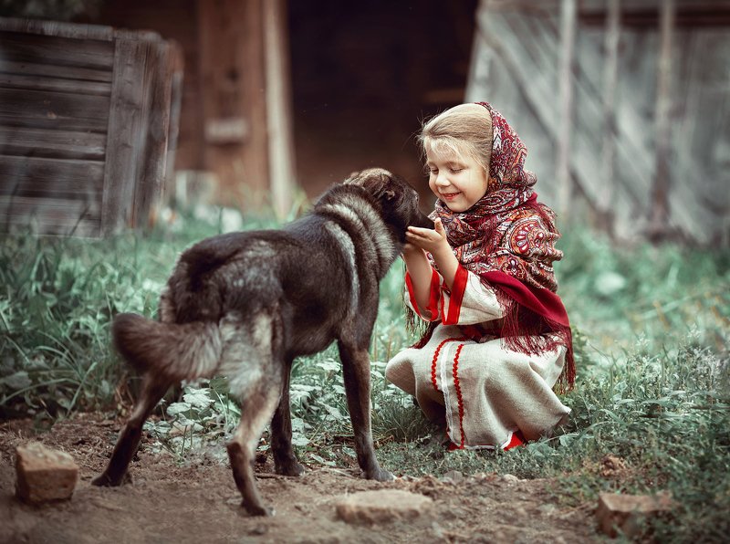 детство, детский портрет, лето, девочка, настроение, славяночка, собака, друзья, постановочная фотография Друзьяphoto preview