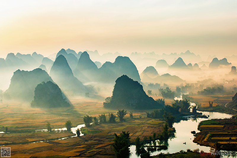 quanphoto, landscape, morning, sunrise, dawn, mountains, river, foggy, fields, misty, farmland, agriculture, valley, rural, vietnam Morning Sunlightphoto preview