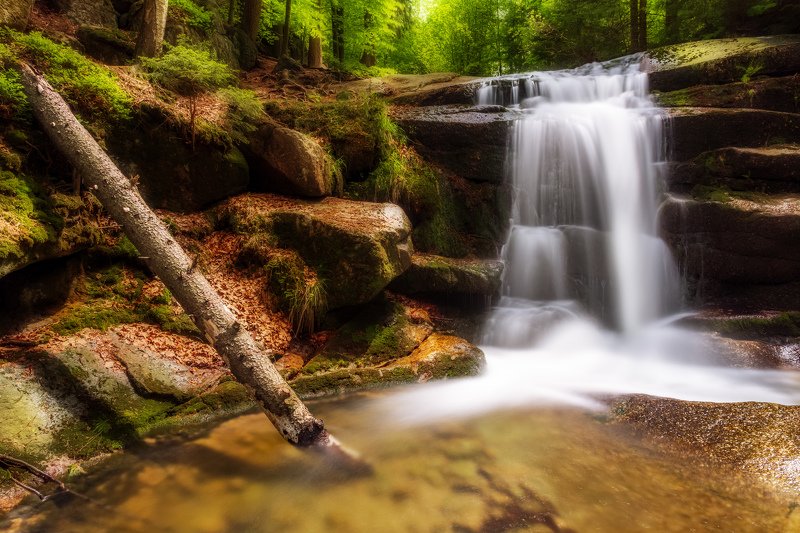 waterfall, cascade, river, light, mountains, rocks, water, long exposure Waterfall on the Myja Riverphoto preview