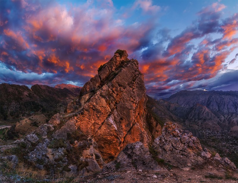 скалы, природа, пейзаж, россия, кавказ, горы, рассвет, небо Скала в огнеphoto preview