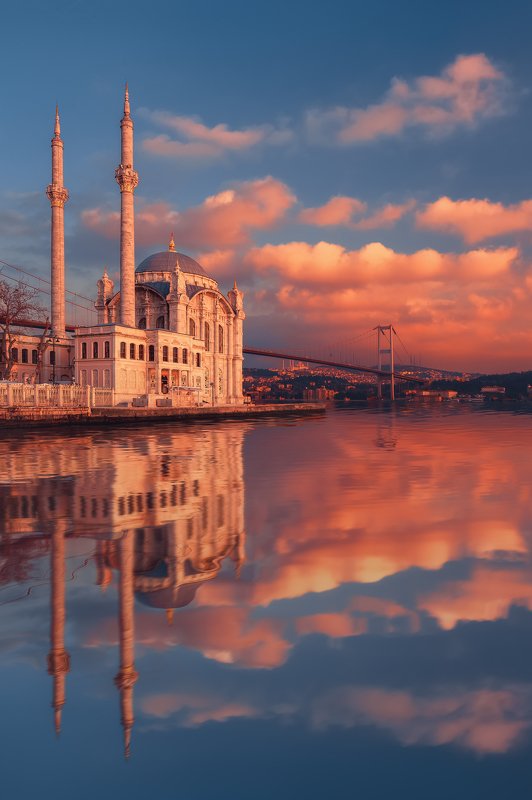 ortakoy mosque, istanbul,  mosque, reflection, sunset, water, вода, закат, мечеть, стамбул, турция, Ortakoy Mosque in Istanbulphoto preview