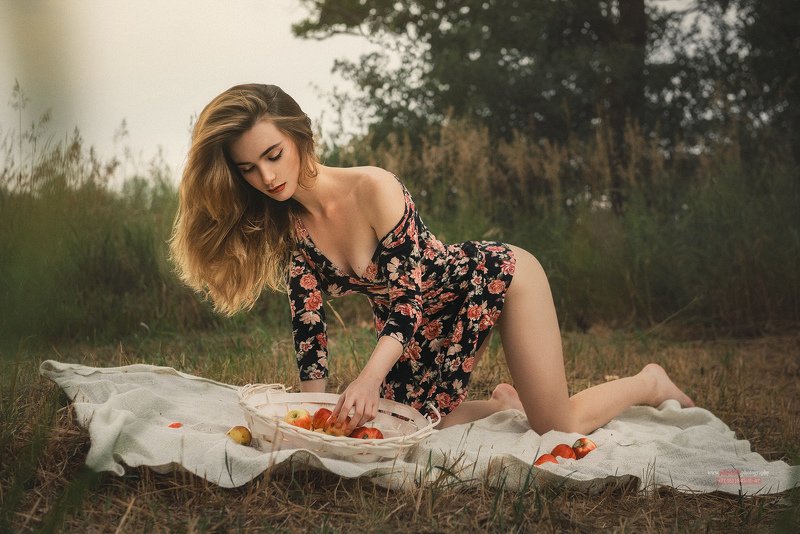 девушка на природе, девушка с яблоками , девушка в платье По яблокиphoto preview