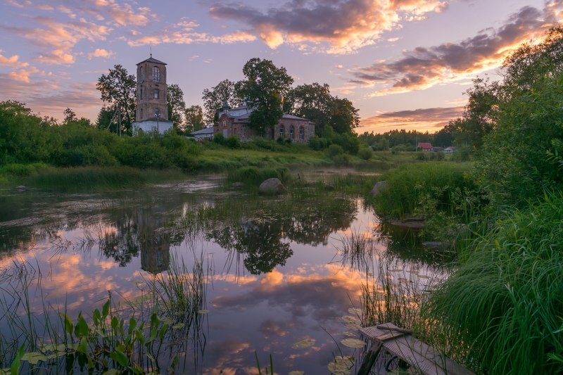 псков, область, псковская, церковь, деревня, виделебье, река, череха, природа, утро, восход, небо, облака Виделебьеphoto preview