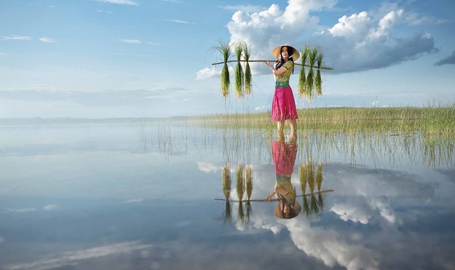 девушка, женский портрет, сборщица риса, поле, вода, вьетнам, азия, трава, шляпа, небо, трава, жанр, постановка, Наталья Прядко