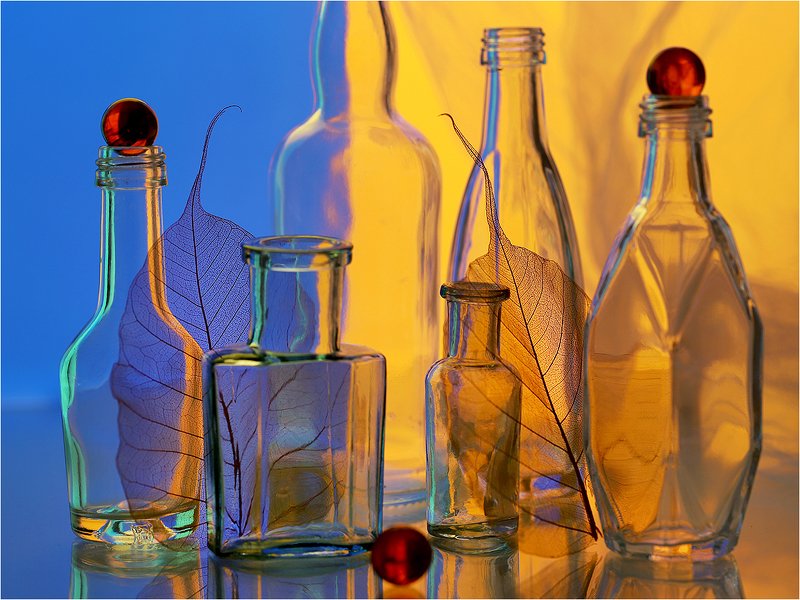 бутылочки, листья, натюрморт, Б/Н.photo preview