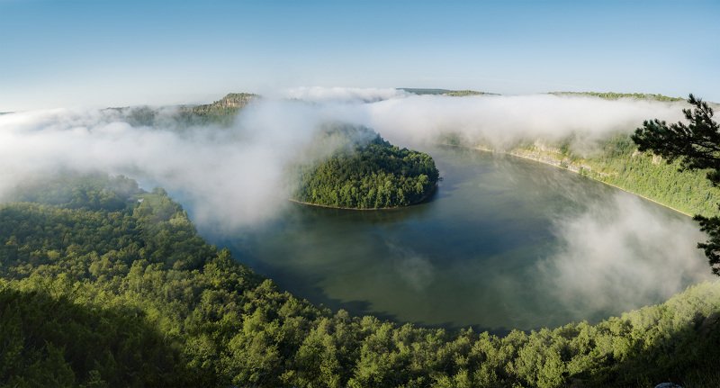 пейзаж, туман, река, природа, Башкирия, утро, панорама Слияние горных рек Нугуш и Урюкphoto preview