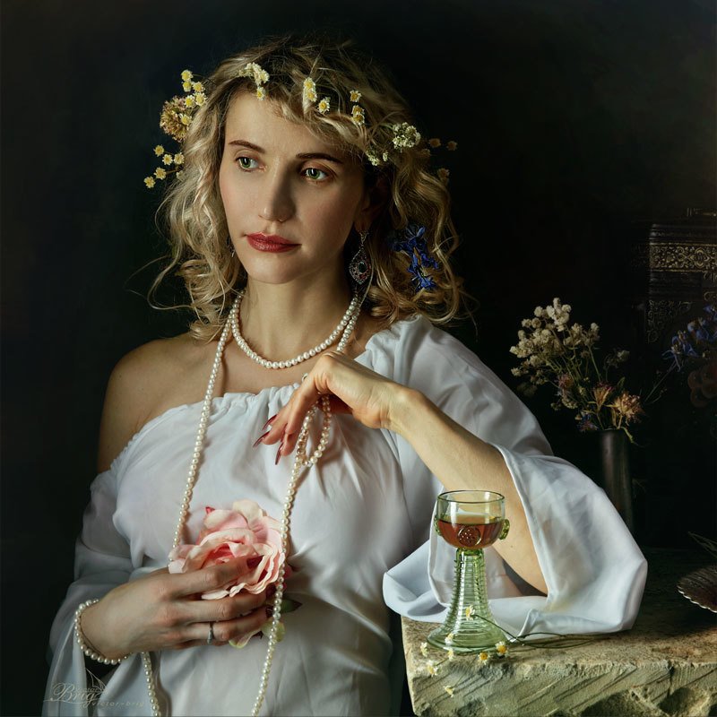 девушка, венок, цветы, бокал, жемчуг, бусы, роза \