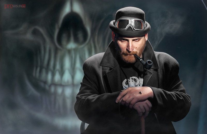 череп, дым, шляпа, муха, борода \