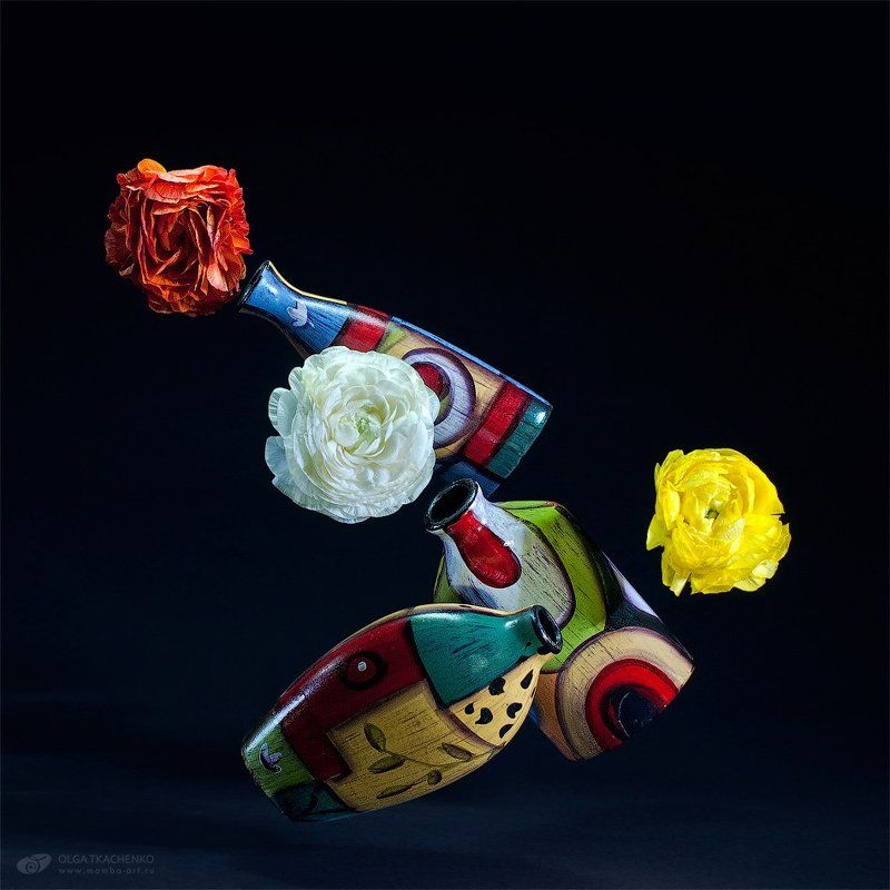 three sisters, still life, red, yellow, white, bottle, flowers Three sistersphoto preview