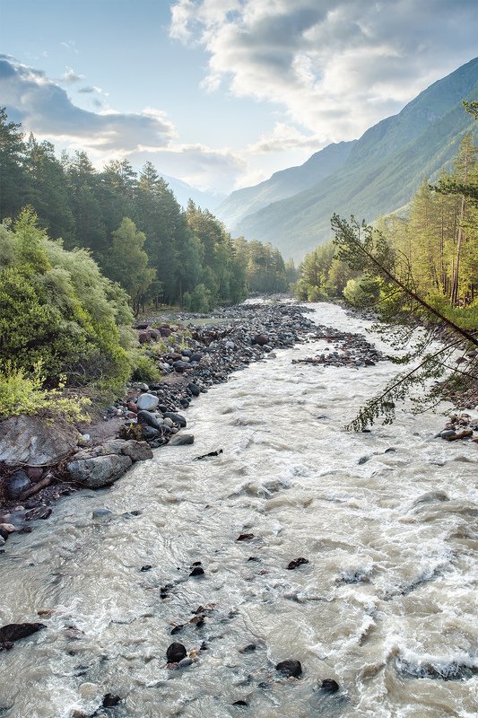пейзаж, горы, ручей, утро, Эльбрус, Россия, рассвет, природа утро на горной реке, Приэльбрусьеphoto preview