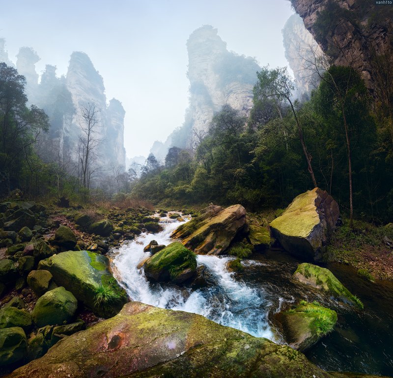 jungle, china, green, river, day, daylight, nature, landscape, mountain, rocks, cloudy, wet, water, blue, wide angle, panorama, no people, tree Wet junglephoto preview