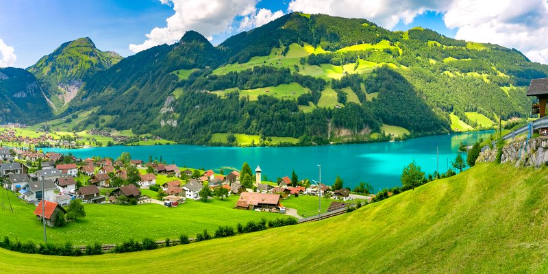 panorama, panoramic, traditional, house, church, chalet, alter kirchturm, church tower, switzerland, lungern, lungerersee, lake, swiss, canton, village, obwalden, obwald, sarneraa-valley, brunig pass, valley, mountain, swiss alps, alps, europe, european, Swiss village Lungern, Switzerlandphoto preview