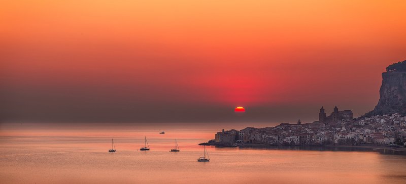 cefalú, sicily, italy, town,sunrise, yacht, sun, morning, island, sea,  Cefalú sunrisephoto preview