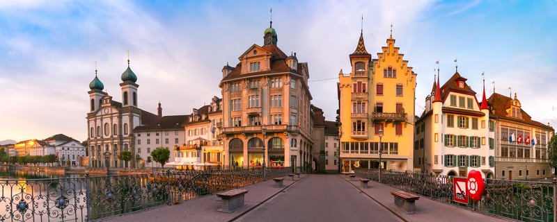 Switzerland, swiss, sunrise, bridge, Reuss, Lucerne, Luzern, Jesuit Church, river Reuss, Reussbrucke, Old Town, Europe, European, Gothic, River, Steeple, architecture, building, church, city, cityscape, facade, famous, landmark, medieval, monument, old, s Lucerne at sunrise in Switzerlandphoto preview