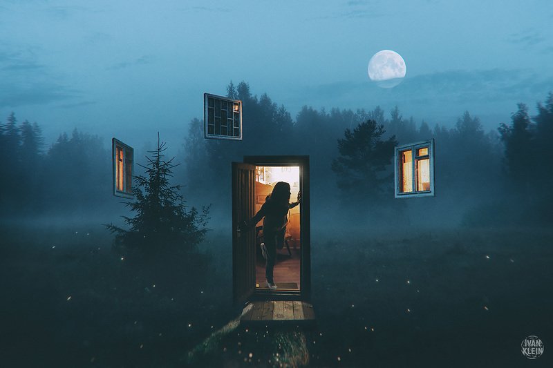 коллаж, фотошоп, манипуляция, фото манипуляция, туман, мгла, ночь, сюрреализм, дверь, свет, пейзаж, лес, вечер, деревья What The Fog?photo preview