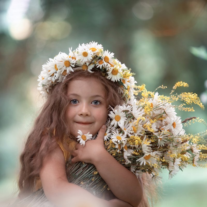 ромашки лето букет венок девочка счастье летоphoto preview