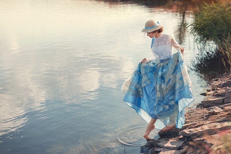 постановочная фотография, лето, портреты, ретро, артфото, девушка, поле, озеро, девушка в шляпке, романтика, Летняя мечта или моя Скарлеттphoto preview