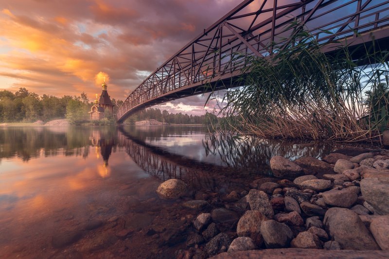 russia, saint petersburg, sunset, reflection, water, river, lake, forest, church, orthodox A church in the paradisephoto preview