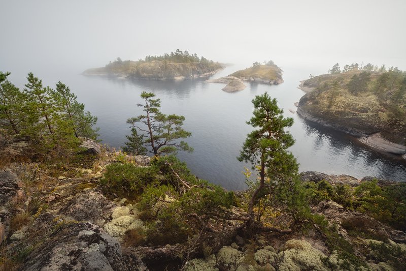 Ладожское озеро, туман, шхеры, острова, Карелия \