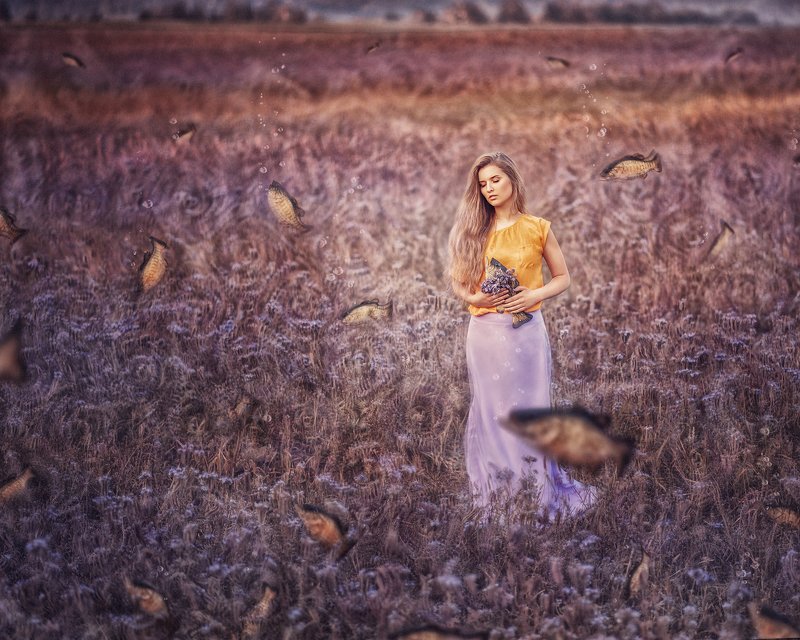 portrait, surrealism, purple, fishing, women, blond, field, outdoor, девушка, портрет, поле, сюрреализм, фиолетовый, рыбалка photo preview