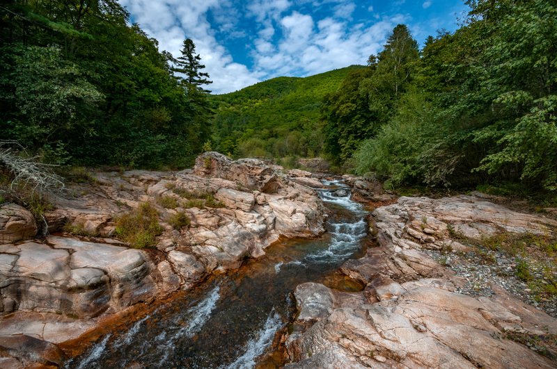 Nature, Forest, River, Stream, Landscape, Mountain, Tree, Outdoors, Scenics, Water, Rock - Object, Waterfall, Summer, Beauty In Nature, Green Color, Flowing Water, Travel, Stone - Object, Woodland, Valley Розовые порогиphoto preview